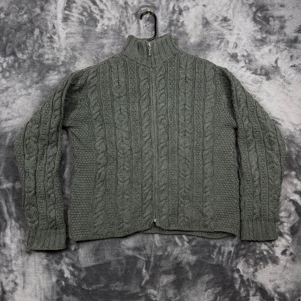 Aran Crafts Full Zip Cardigan Sweater M Green Merino Wool Cable Knit Ireland